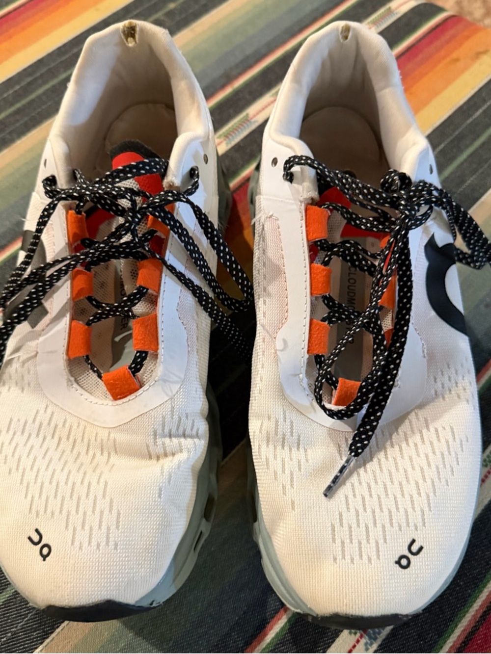 On Running Ladies White Sneakers with Orange and Black Accents Size 8